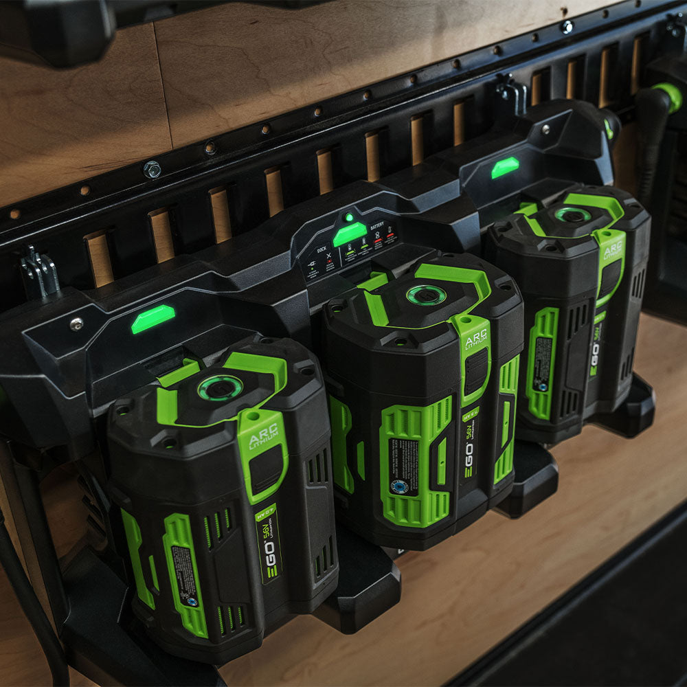 EGO PGX Commercial Charging 3-Port Dock in use